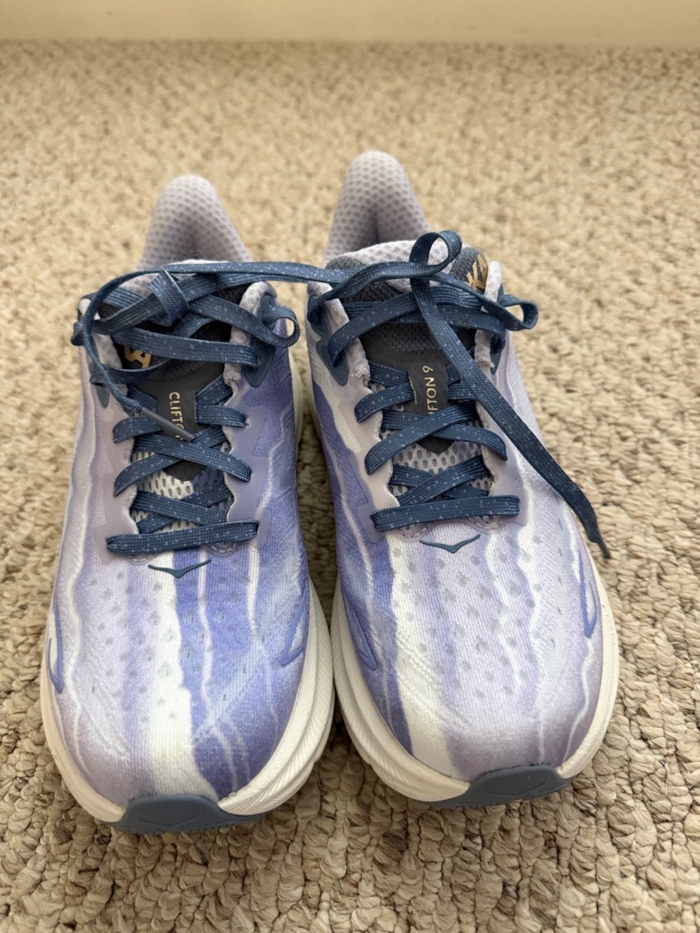 Hoka Women's Clifton 9 Running Shoes in Lavender and Navy